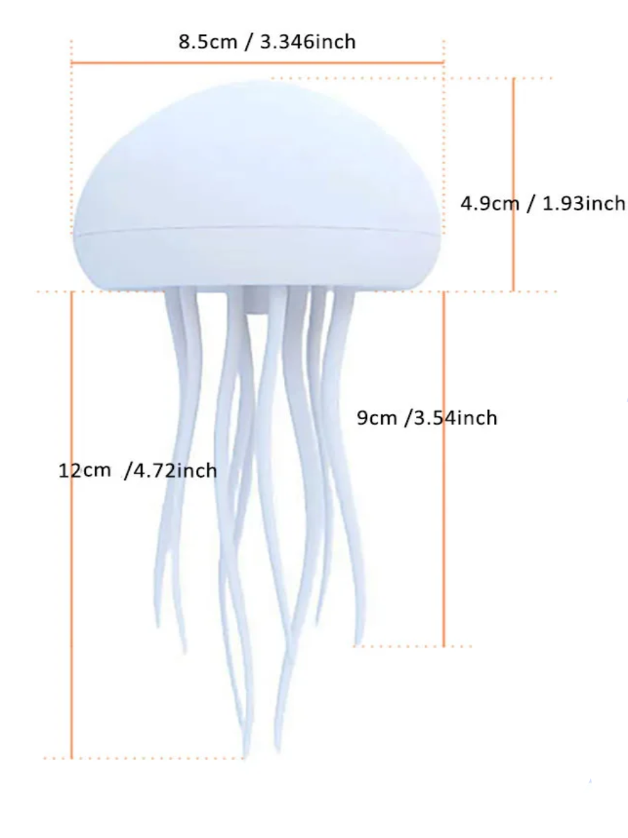 Measurement chart of a jellyfish-shaped object with dimensions labeled.
