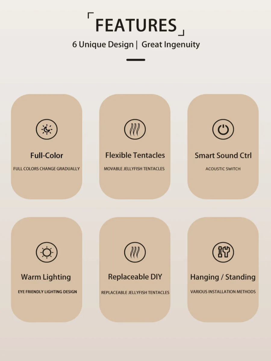 Features of a product with icons and text on a beige background