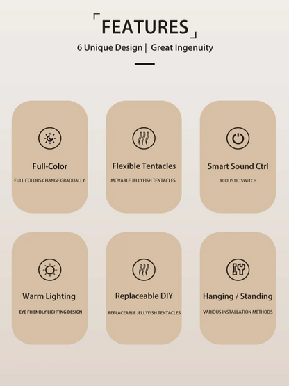 Features of a product with icons and text on a beige background