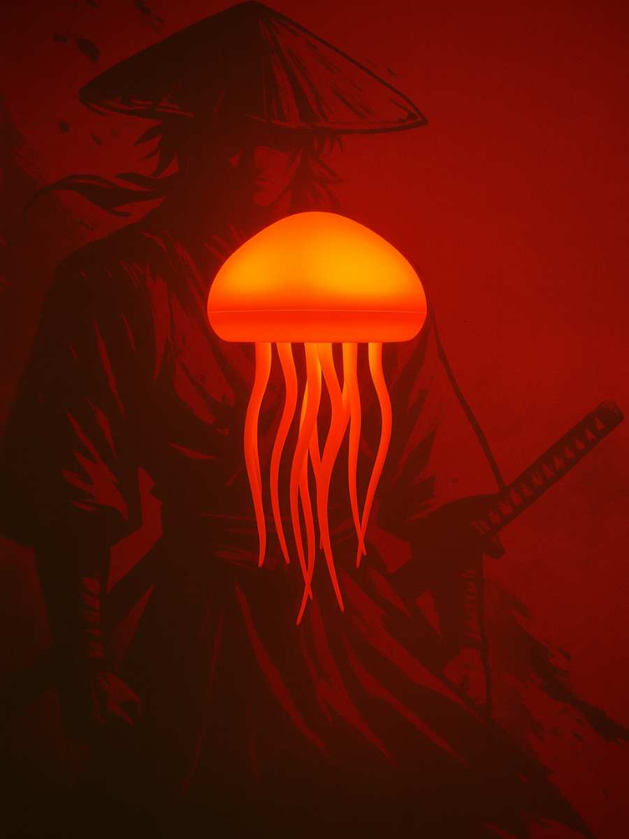 Silhouette of a person with a red jellyfish-like object against a red background