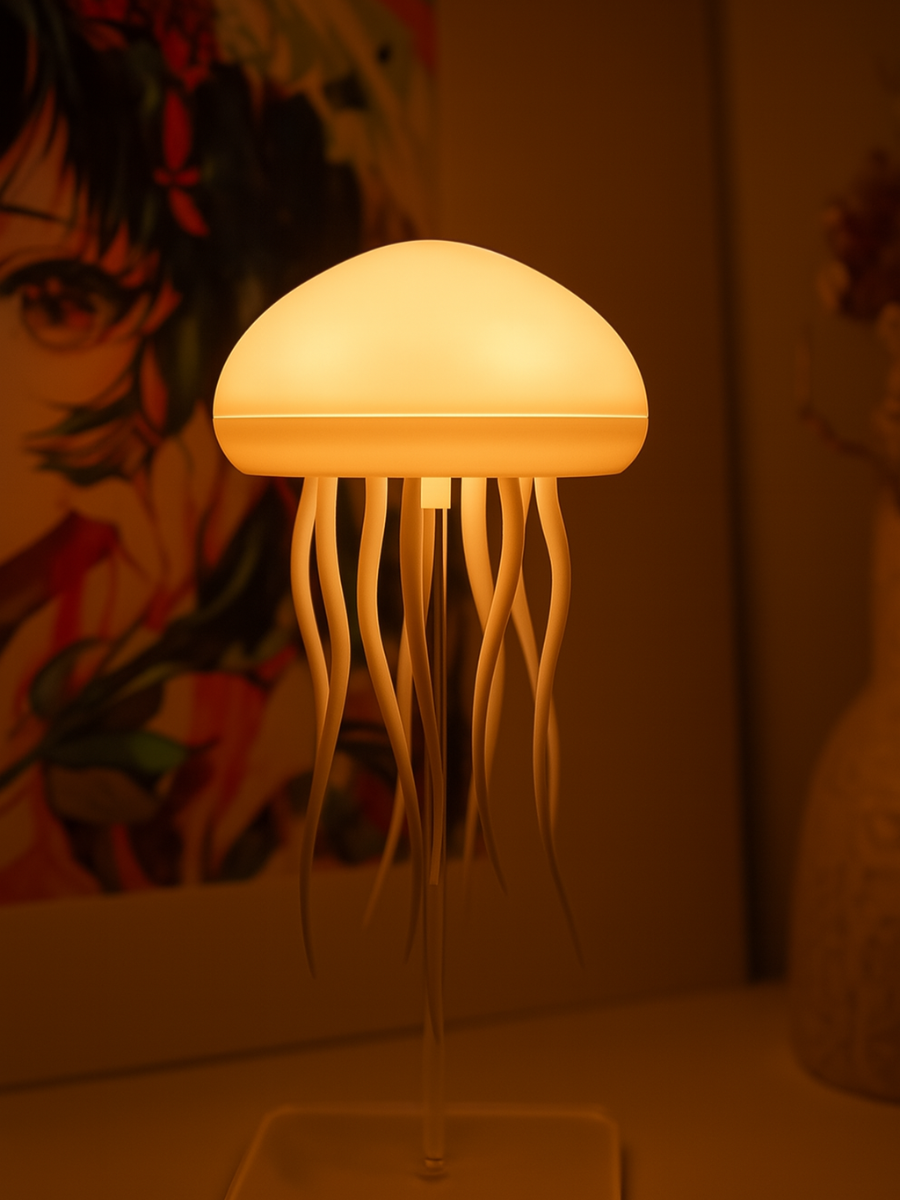 Jellyfish-shaped lamp emitting a warm glow on a surface with a blurred background
